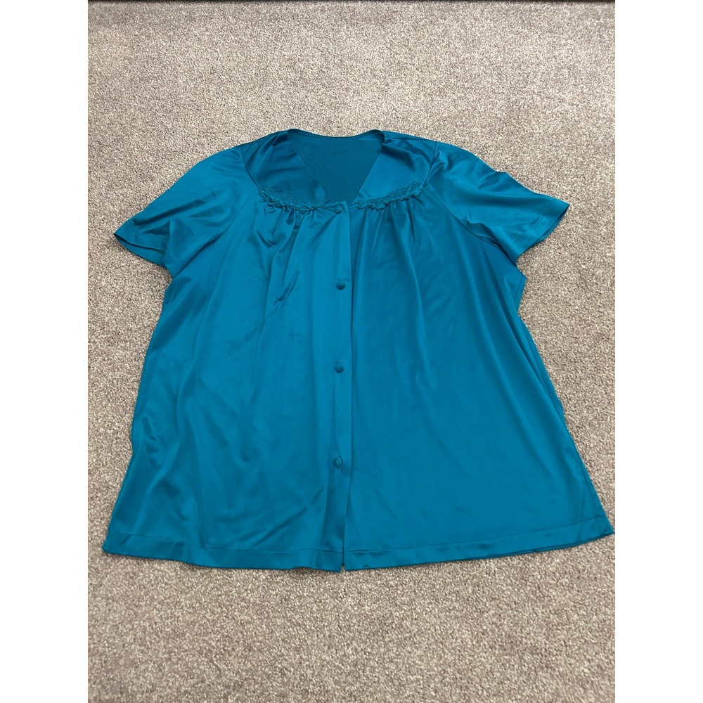 Vanity Fair Bed Jacket Womens Large Teal Blue Excellent Short Sleeve Button